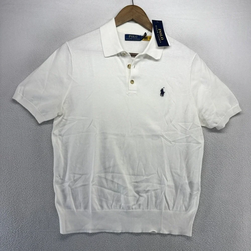 Ralph Lauren Sweater Polo Shirt men's Medium White Navy Pony Logo Knit Solid NEW